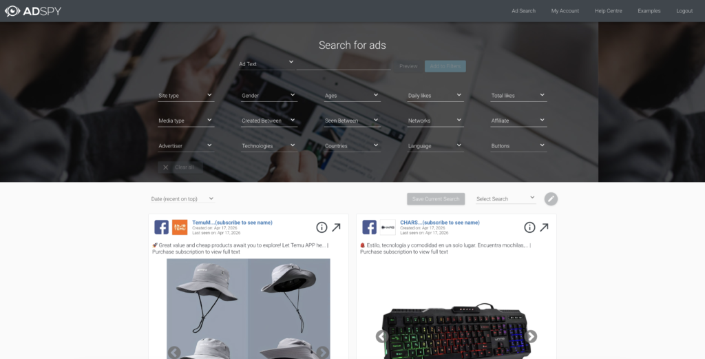 AdSpy dashboard showing searchable Meta ad database