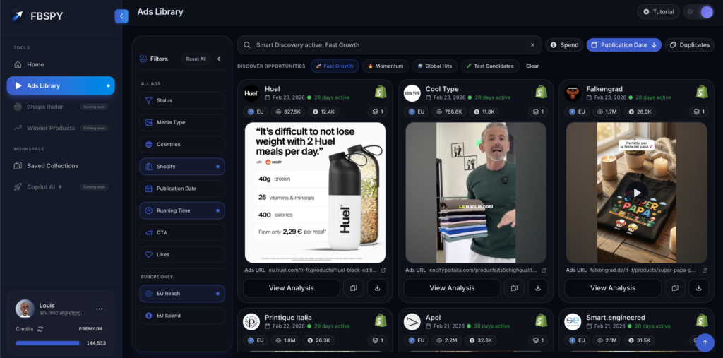 FBSPY dashboard for ecommerce product validation and momentum analysis