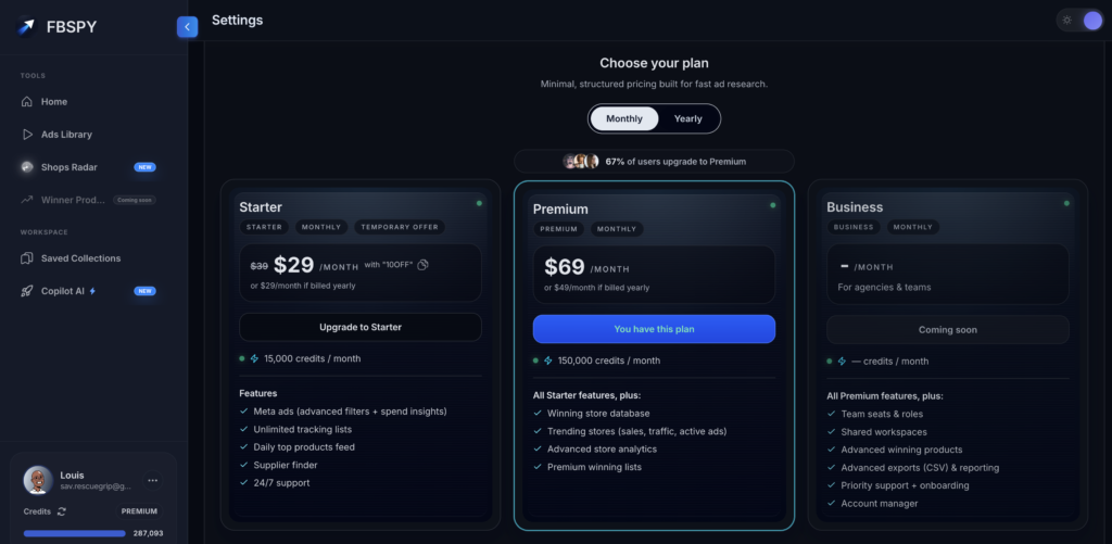 FBSPY pricing plans for ecommerce product research