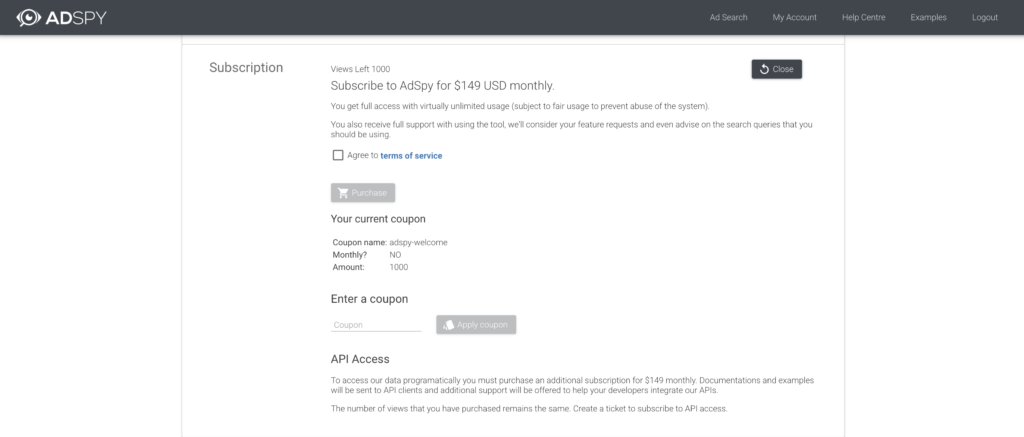 AdSpy pricing screenshot for Meta ad database access